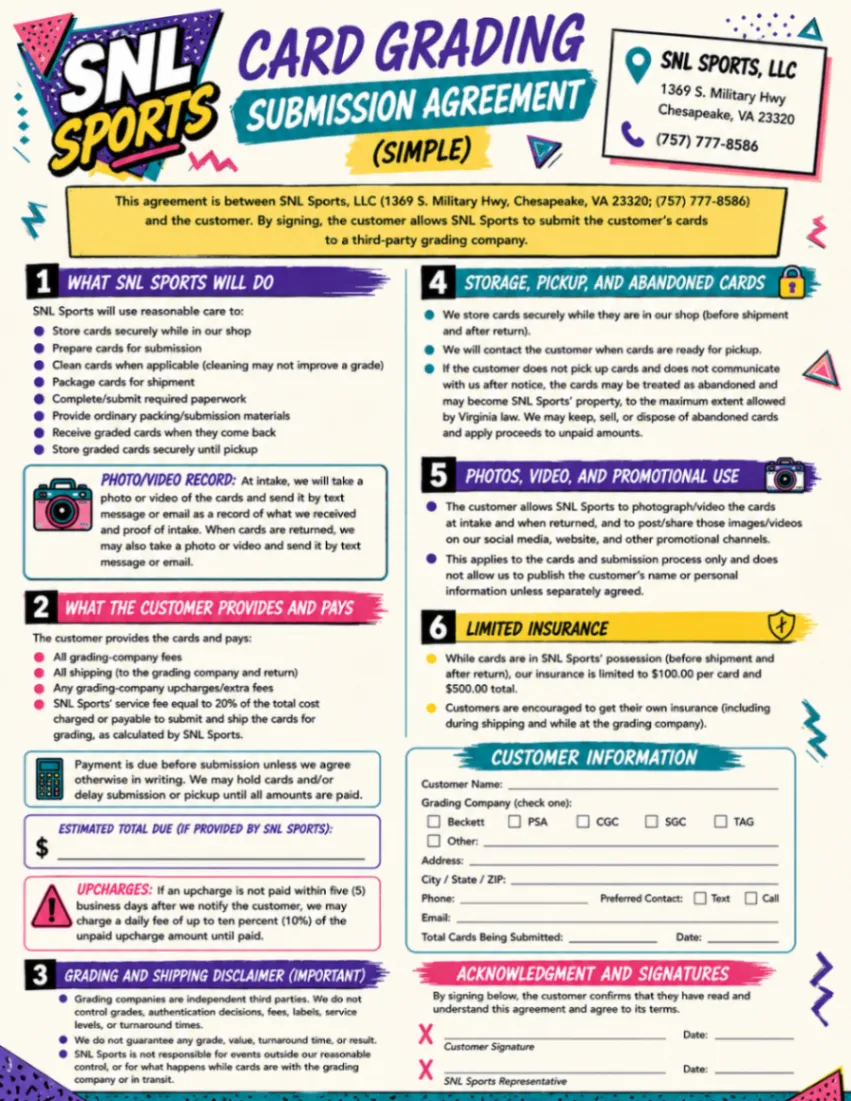 Preview of the SNL Sports card grading submission agreement